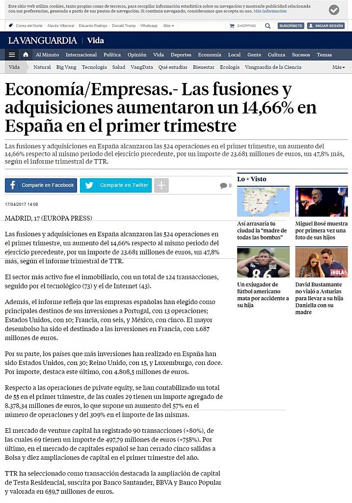 Las fusiones y adquisiciones aumentaron un 14,66% en Espaa en el primer trimestre